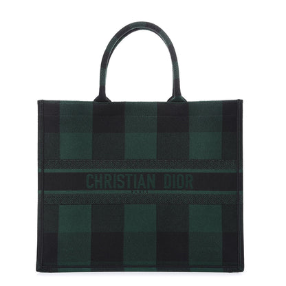 Christian Dior Canvas Embroidered Checkered Book Tote Black Green 1 of 12