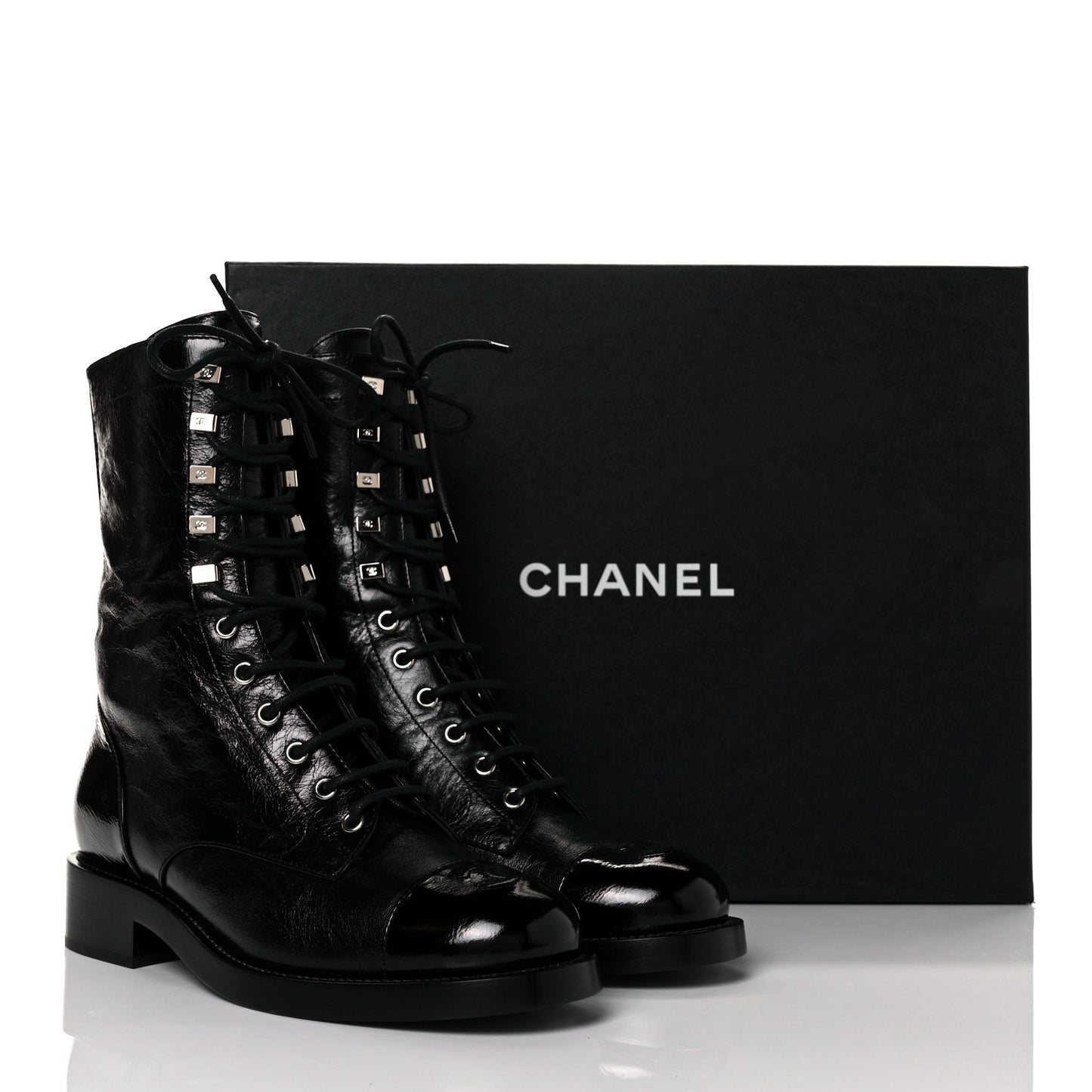 Crumpled Lambskin Shiny Calfskin Lace Up Combat Boots 39 Black