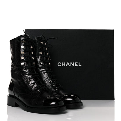Chanel Crumpled Lambskin Shiny Calfskin Lace Up Combat Boots 39 Black 7 of 7