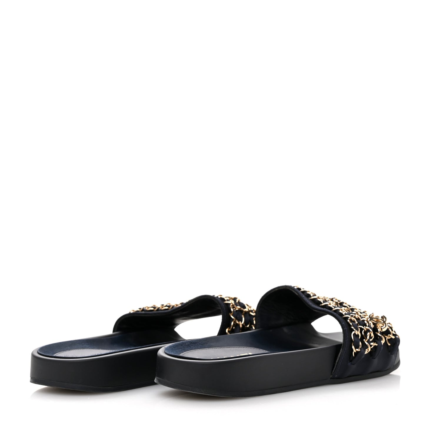 Satin Canvas Chain Slides Sandals Flats 38 Marine