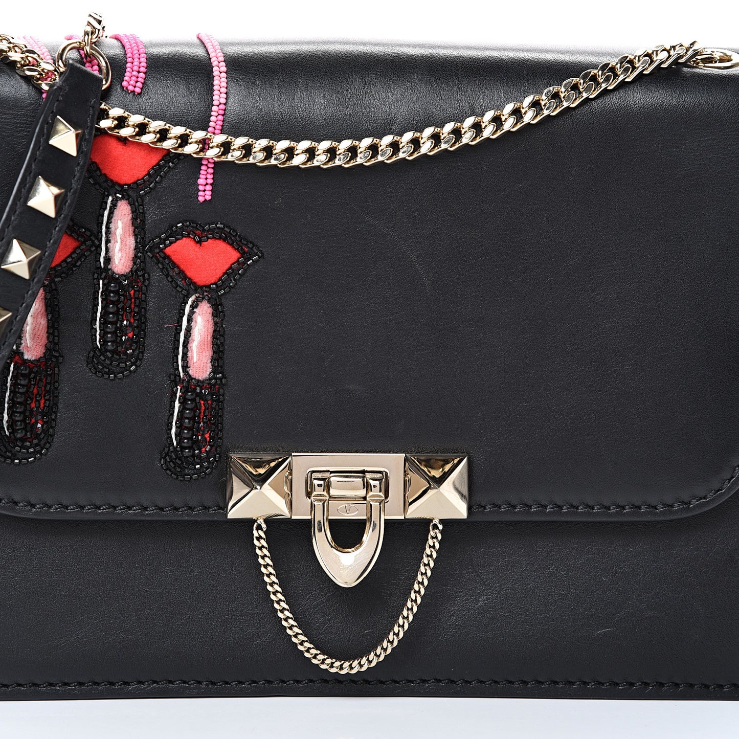 Calfskin Lipstick Small Rockstud Demilune Shoulder Bag Black