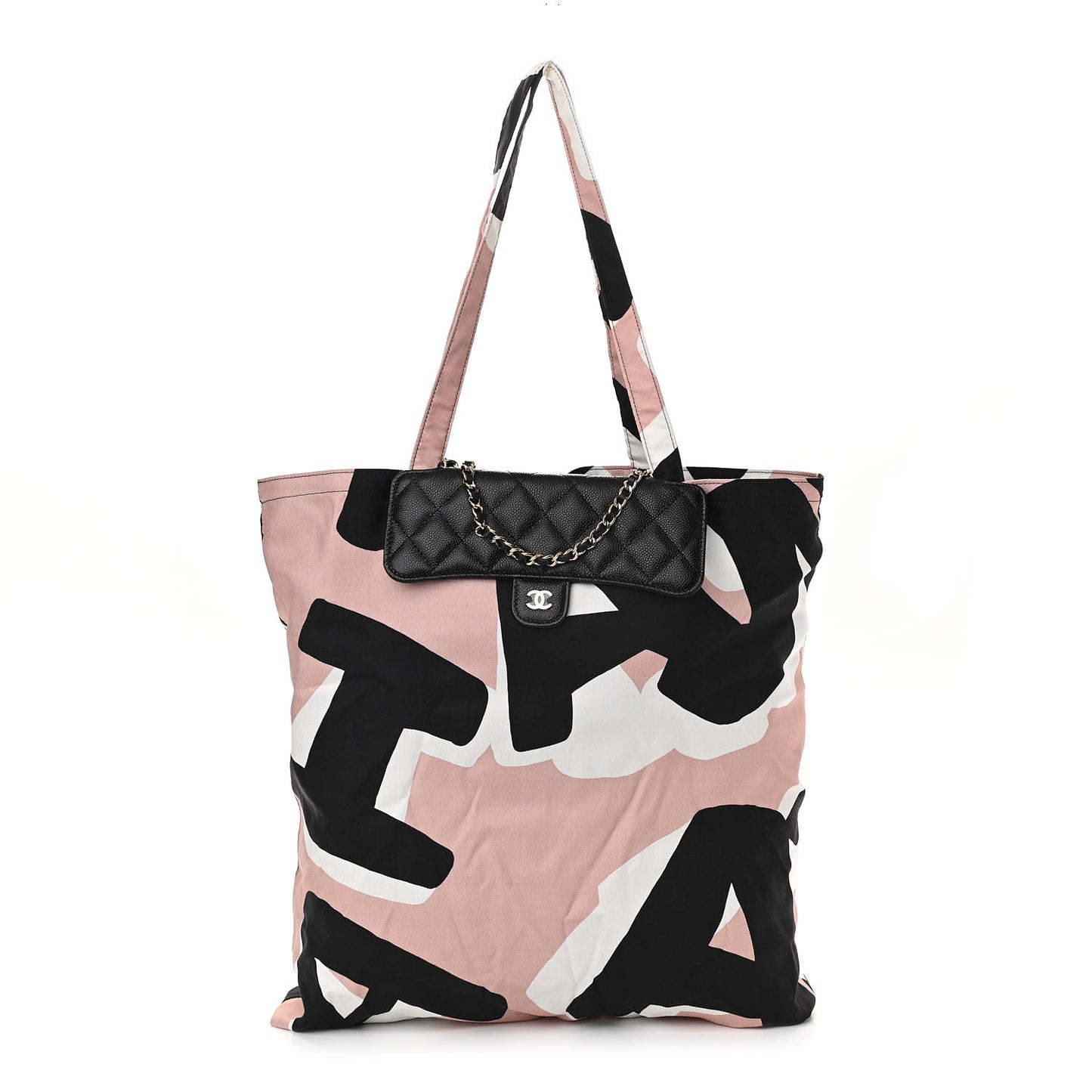 Jersey Fabric Quilted Foldable Tote With Chain Black Multicolor