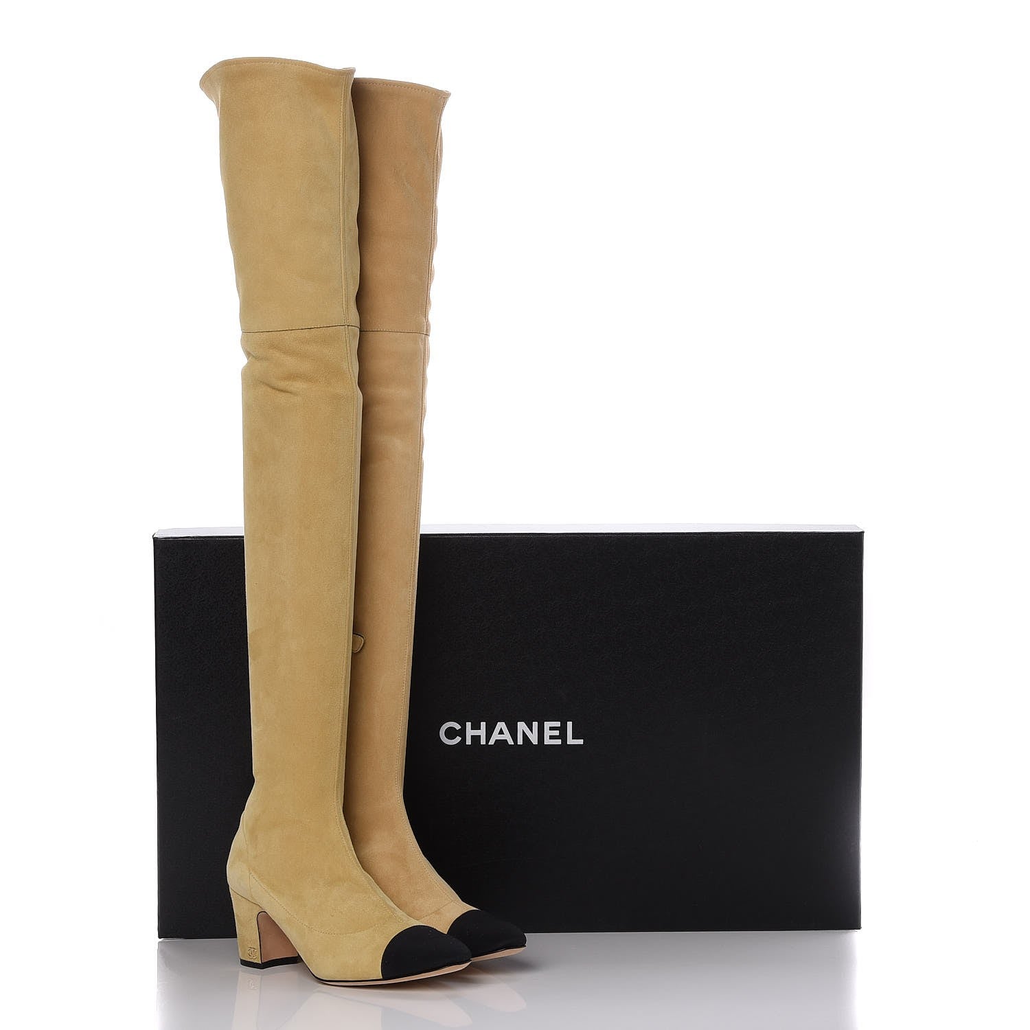 Chanel Suede Lambskin Grosgrain Stretch Cap Toe Over The Knee Boots 37.5 Beige Black 7 of 7