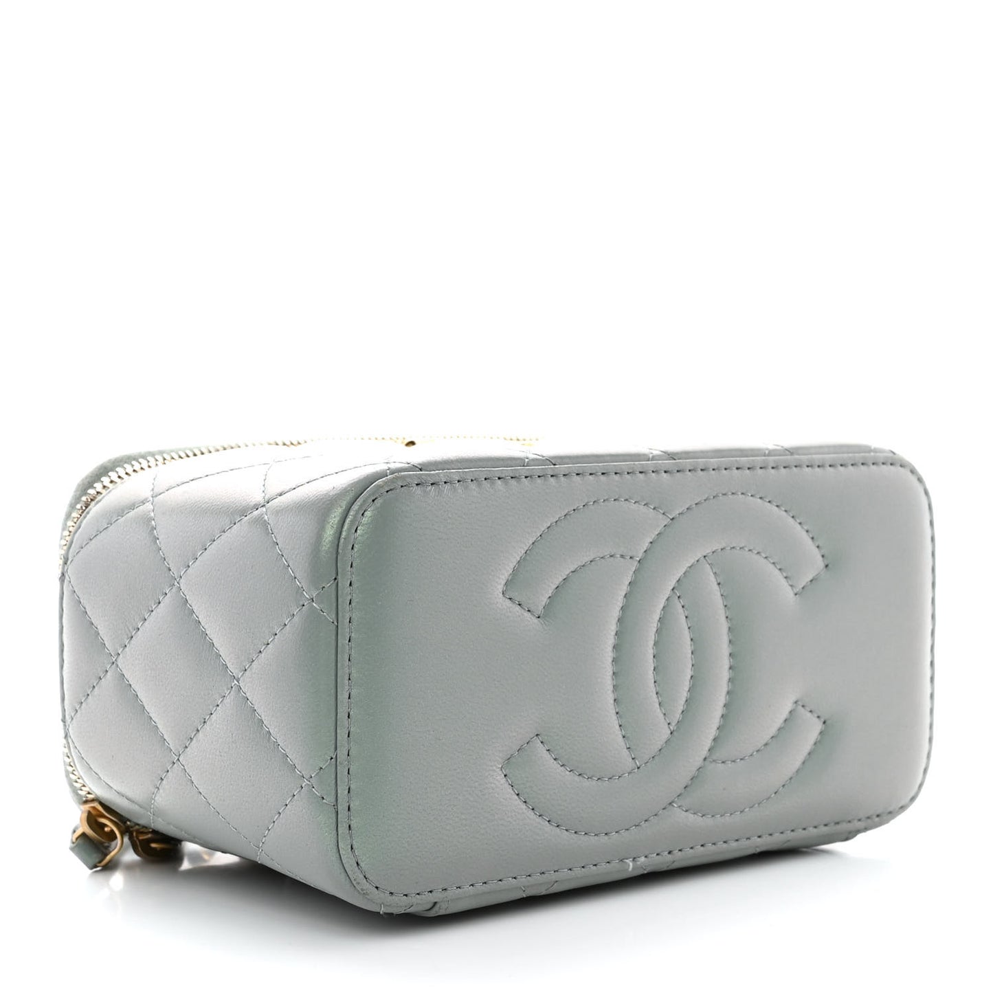 Metallic Lambskin Quilted Small CC Dynasty Vanity Case With Chain Grey