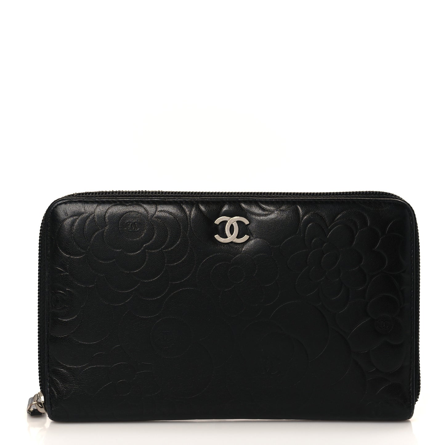 Lambskin Camellia Embossed Zip Around Organizer Wallet Black