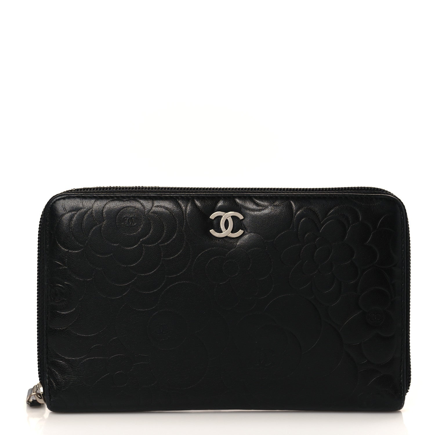 Chanel Lambskin Camellia Embossed Zip Around Organizer Wallet Black 1 of 8