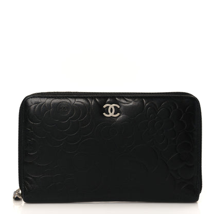 Chanel Lambskin Camellia Embossed Zip Around Organizer Wallet Black 1 of 8
