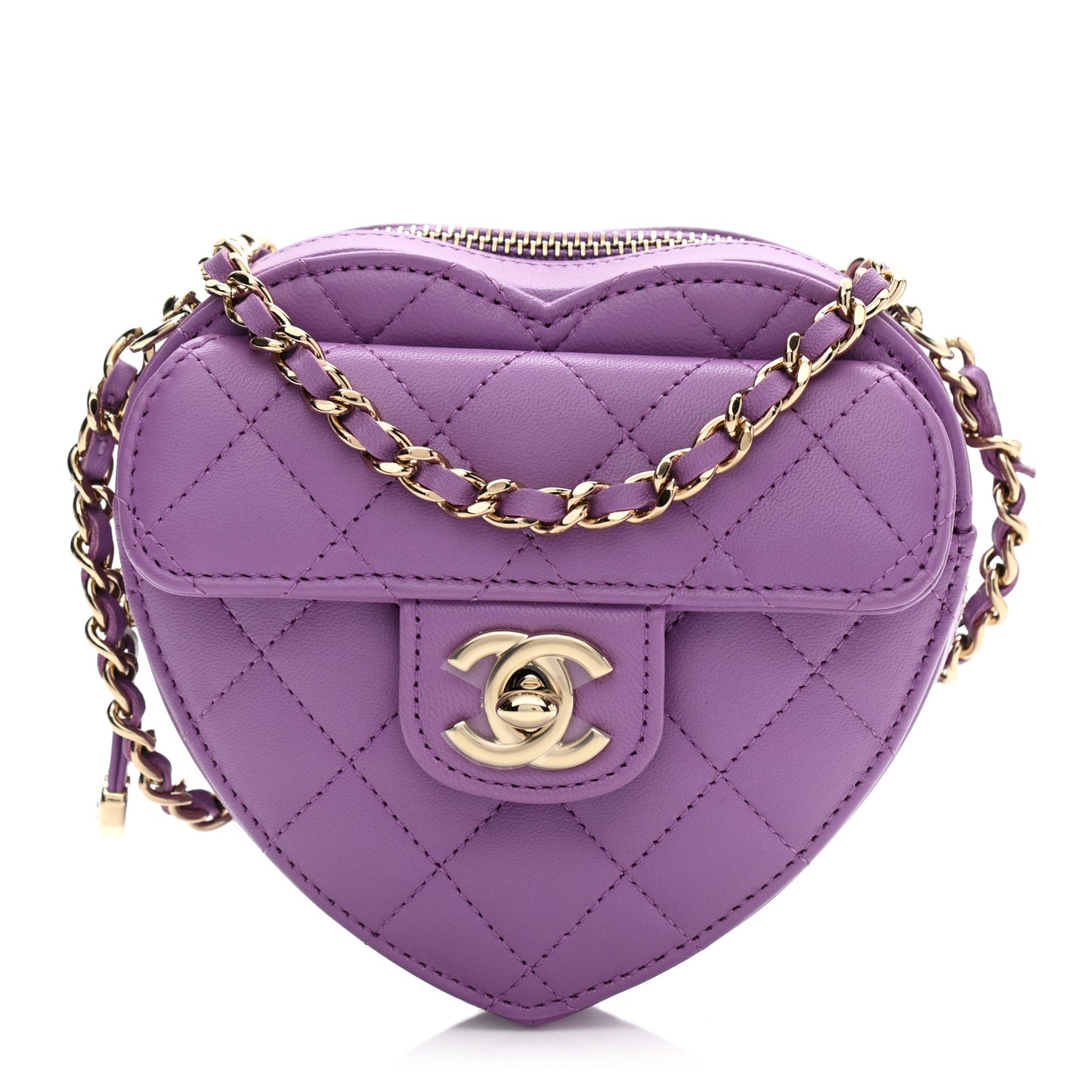 Lambskin Quilted CC In Love Heart Clutch With Chain Purple