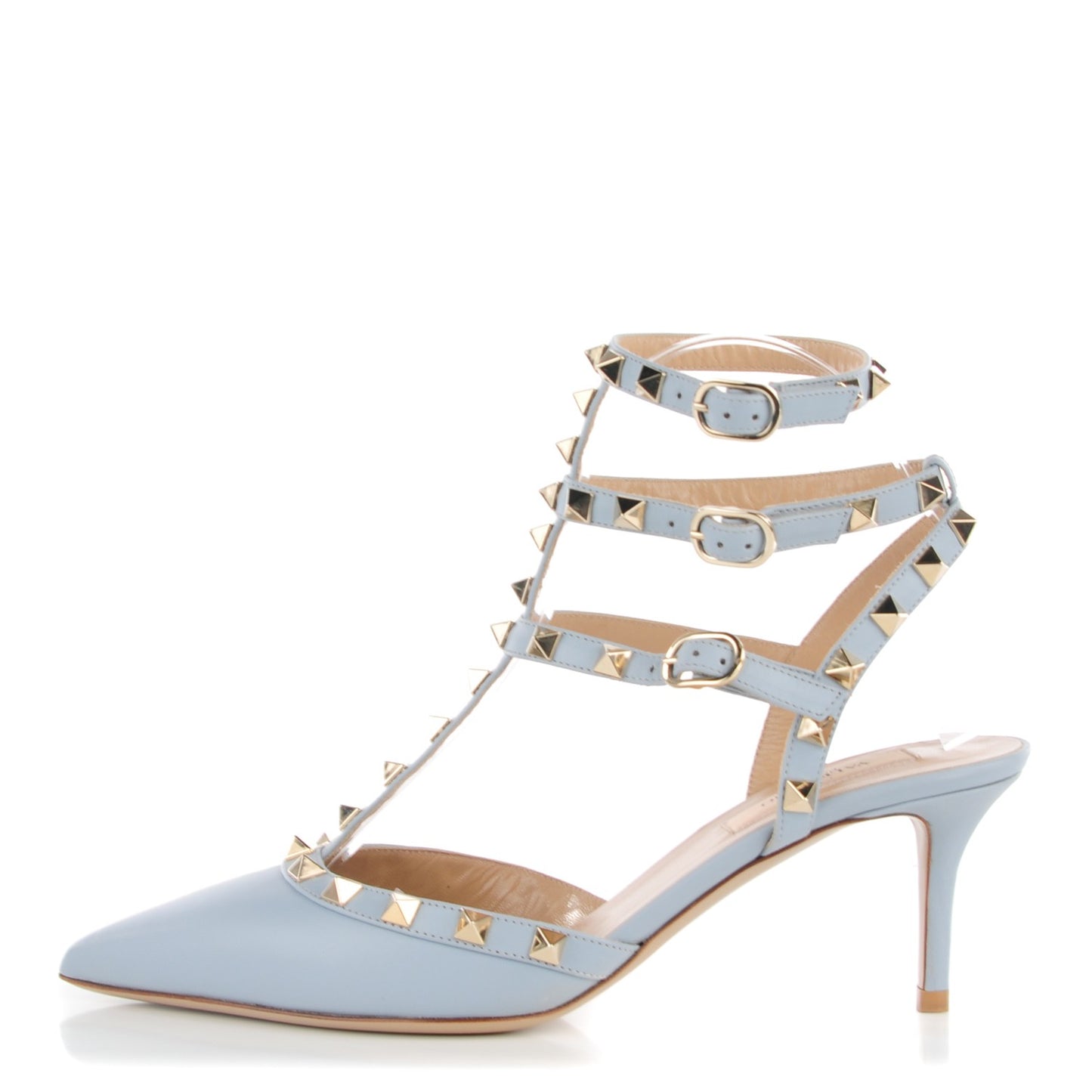 Calfskin Nappa Rockstud Ankle Strap 65mm Pumps 37.5 Water Sky