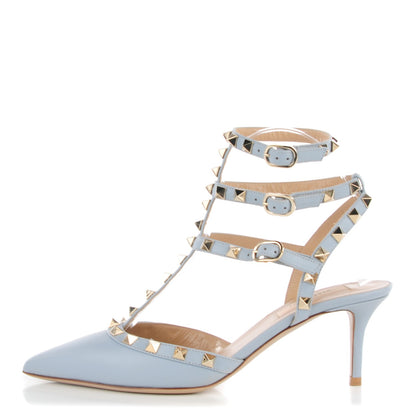 Valentino Garavani Calfskin Nappa Rockstud Ankle Strap 65mm Pumps 37.5 Water Sky 1 of 8