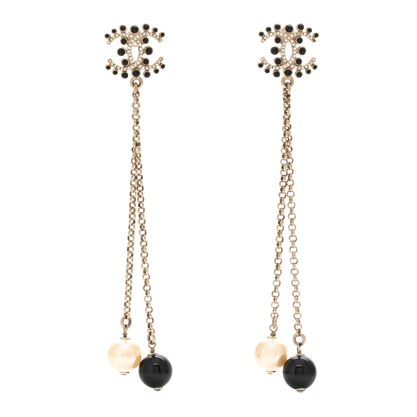 Resin Crystal Pearl CC Chain Drop Earrings Gold White Black