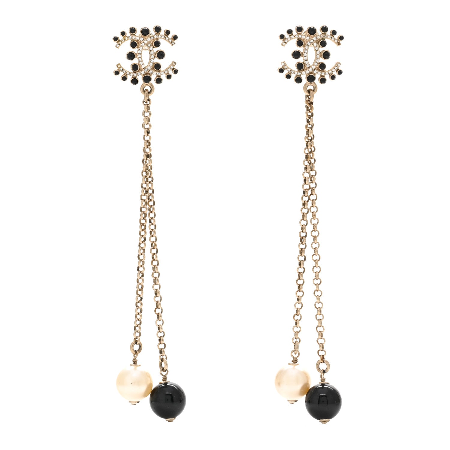 Chanel Resin Crystal Pearl CC Chain Drop Earrings Gold White Black 1 of 4