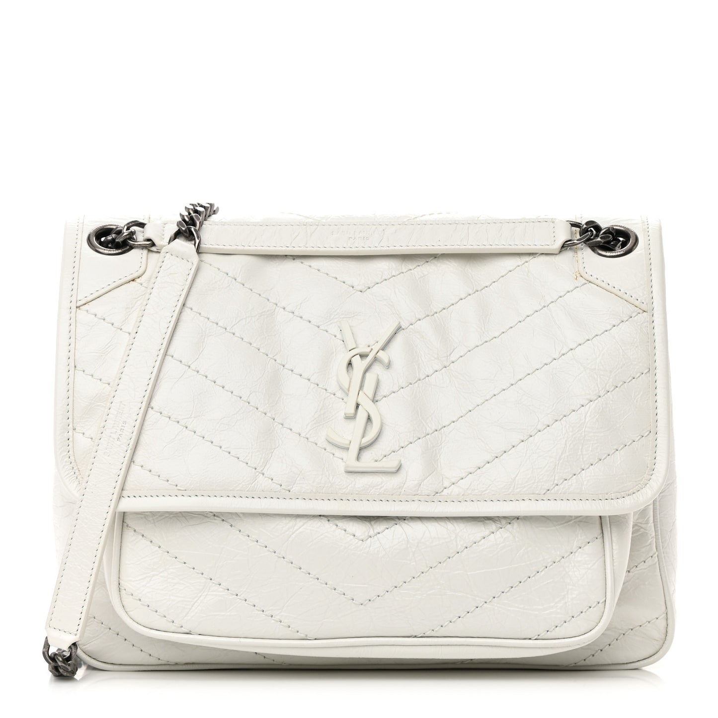 Crinkled Calfskin Matelasse Monogram Medium Niki Chain Satchel Dirty White