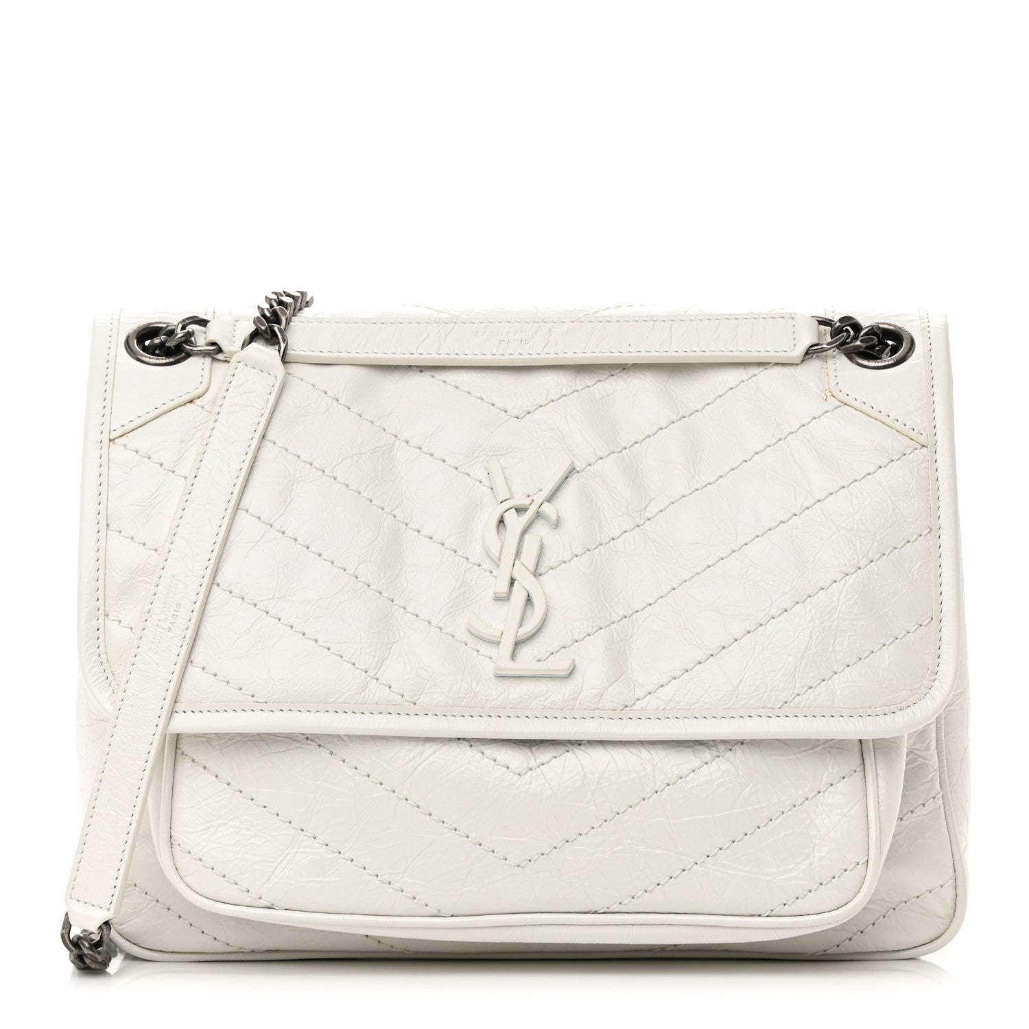 Saint Laurent Crinkled Calfskin Matelasse Monogram Medium Niki Chain Satchel Dirty White 1 of 16