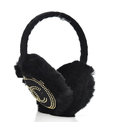 Chanel Shearling Tweed Studded CC Ear Muffs Black 3 of 5