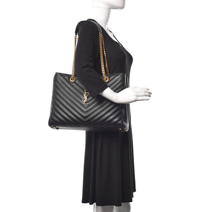 Saint Laurent Grain De Poudre Matelasse Chevron Monogram Shopping Bag Black 2 of 23