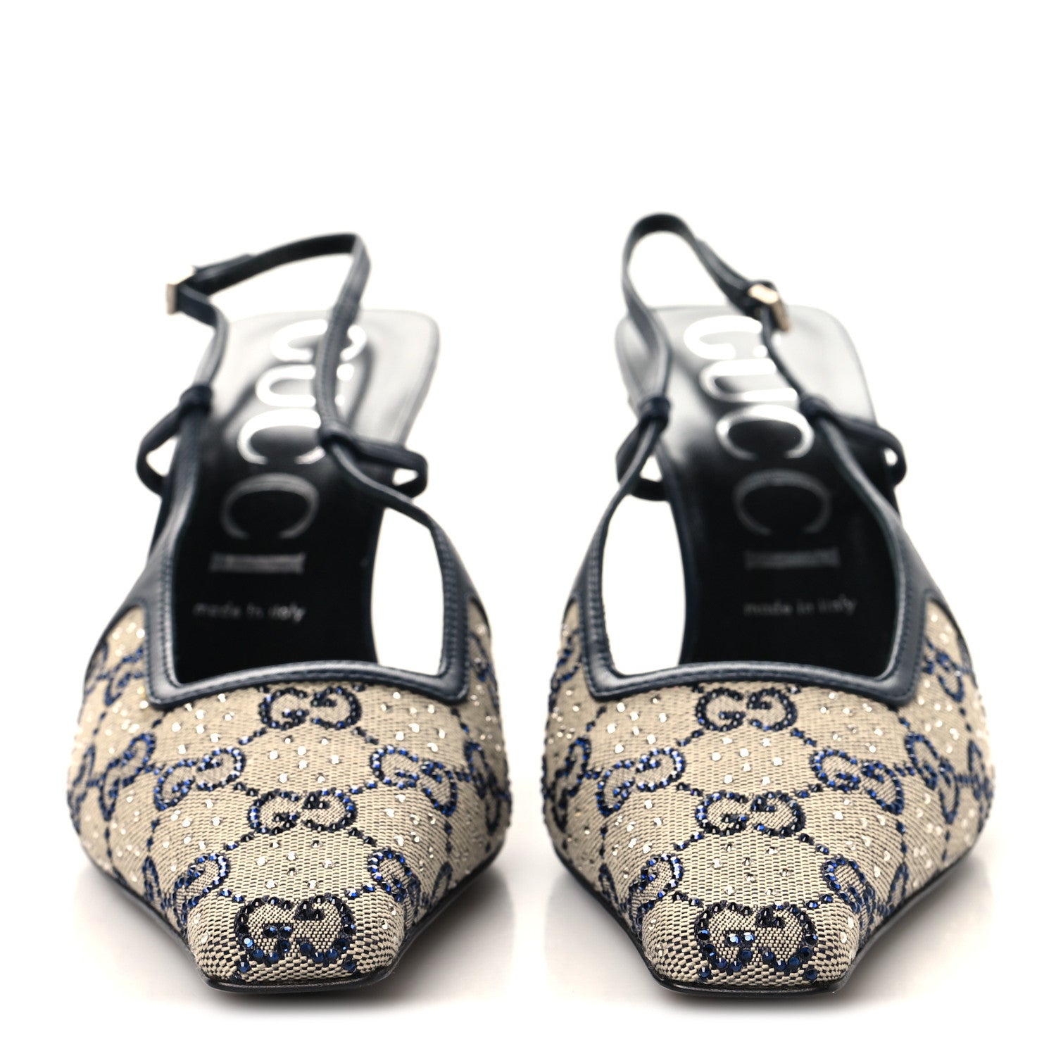 Gucci GG Monogram Malaga Kid Crystal Square G 75mm Slingback Pumps 40 Beige Blue 3 of 9
