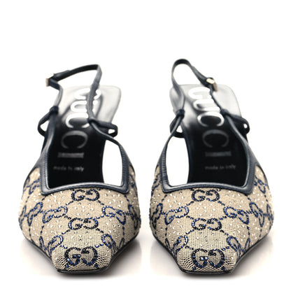 Gucci GG Monogram Malaga Kid Crystal Square G 75mm Slingback Pumps 40 Beige Blue 3 of 9
