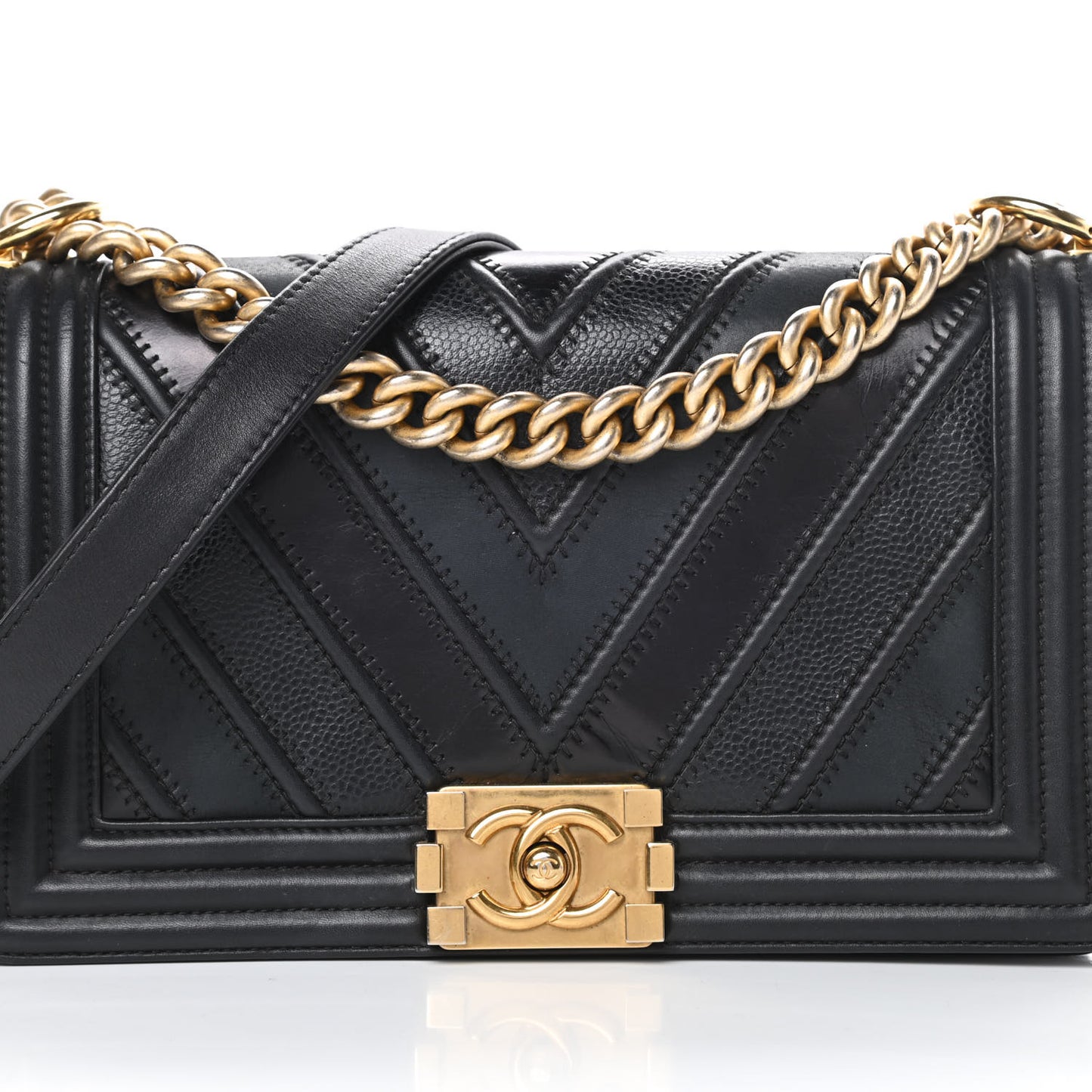Caviar Suede Calfskin Chevron Medium Boy Flap Black