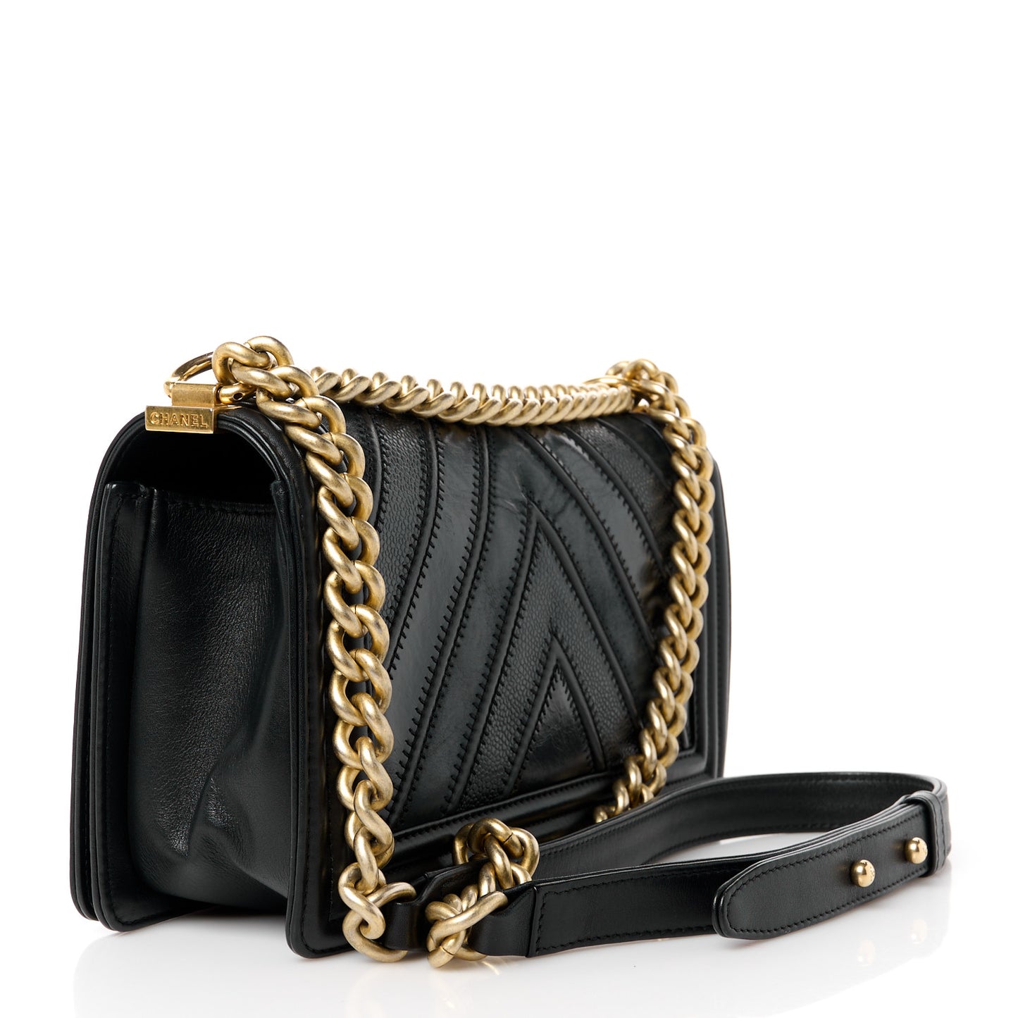 Caviar Suede Calfskin Chevron Medium Boy Flap Black