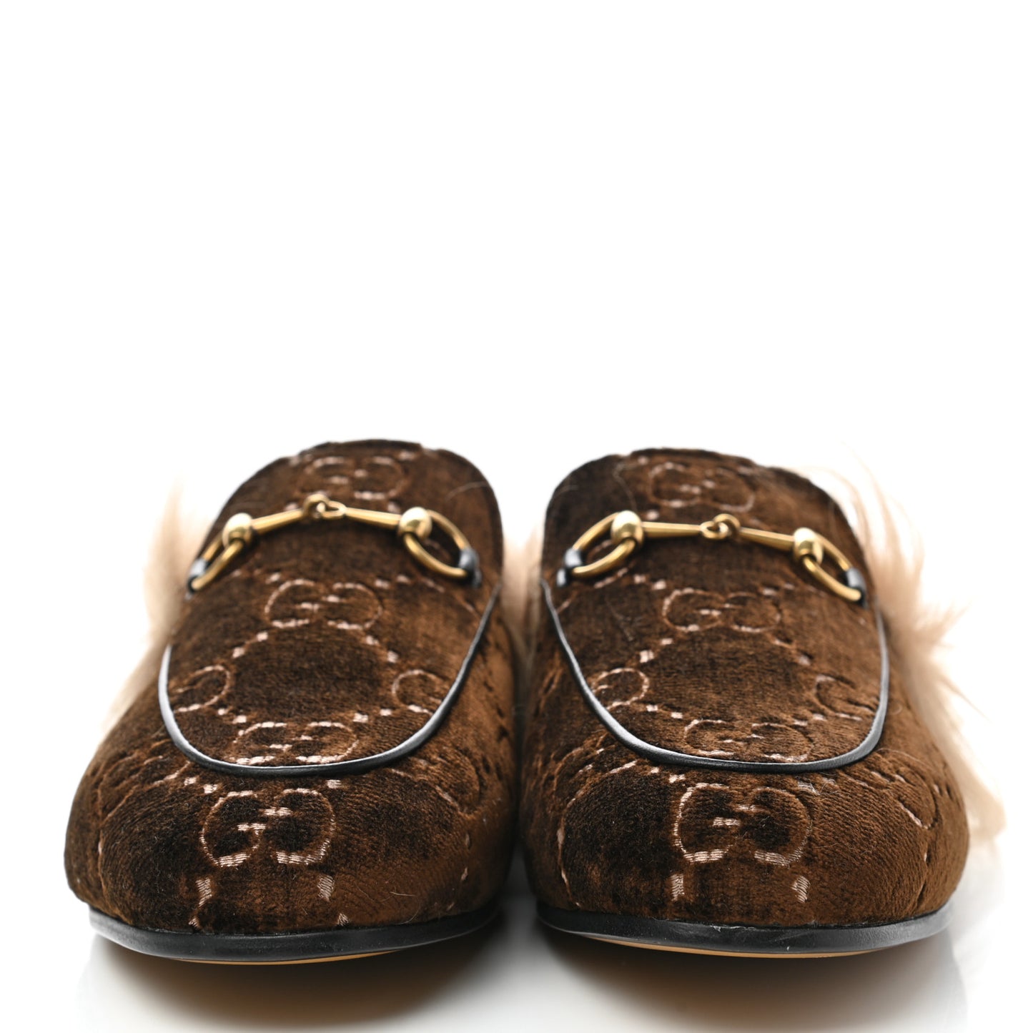 Velvet GG Monogram Fur Womens Princetown Slippers 38.5 Brown Black Natural