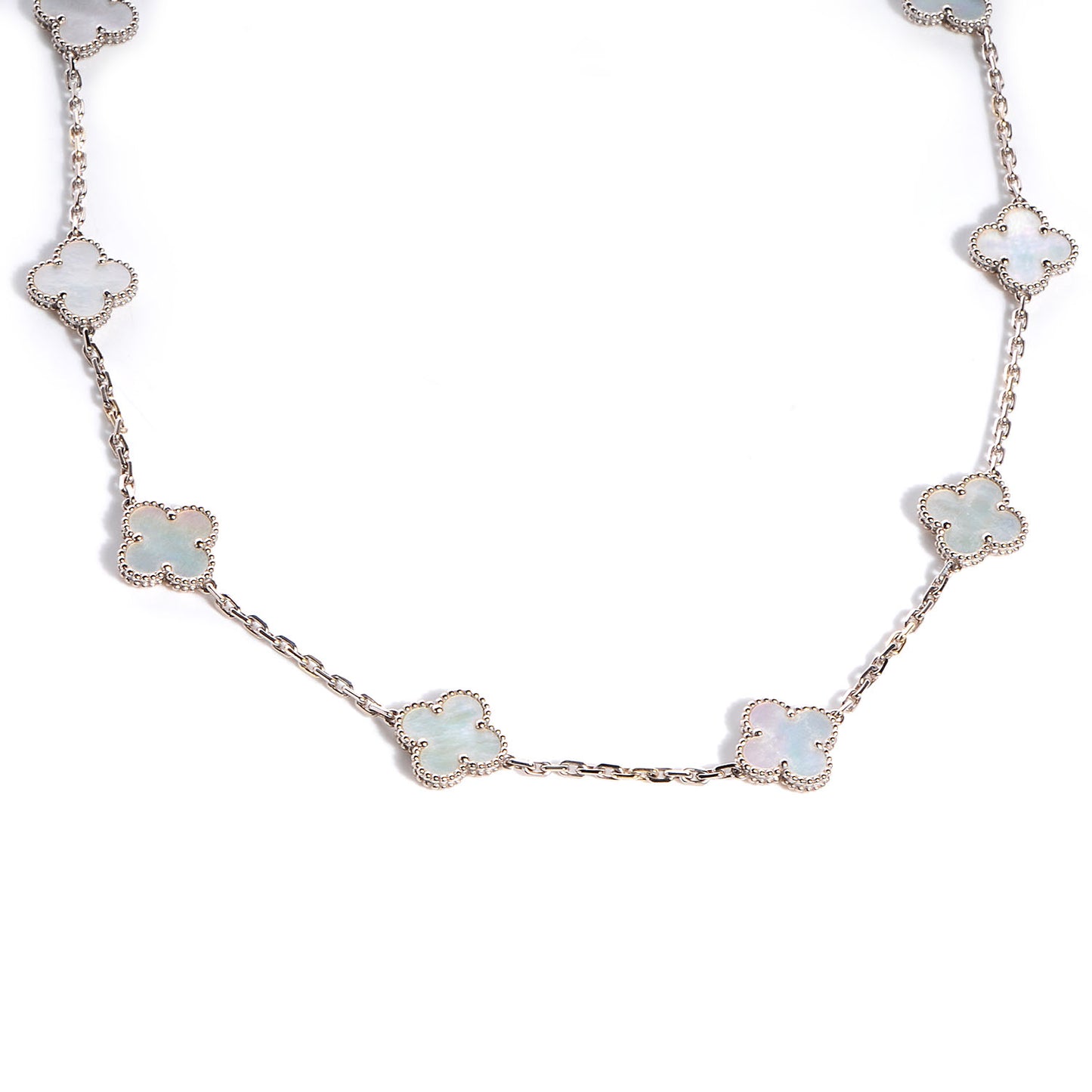 18K White Gold Mother of Pearl 10 Motifs Vintage Alhambra Necklace