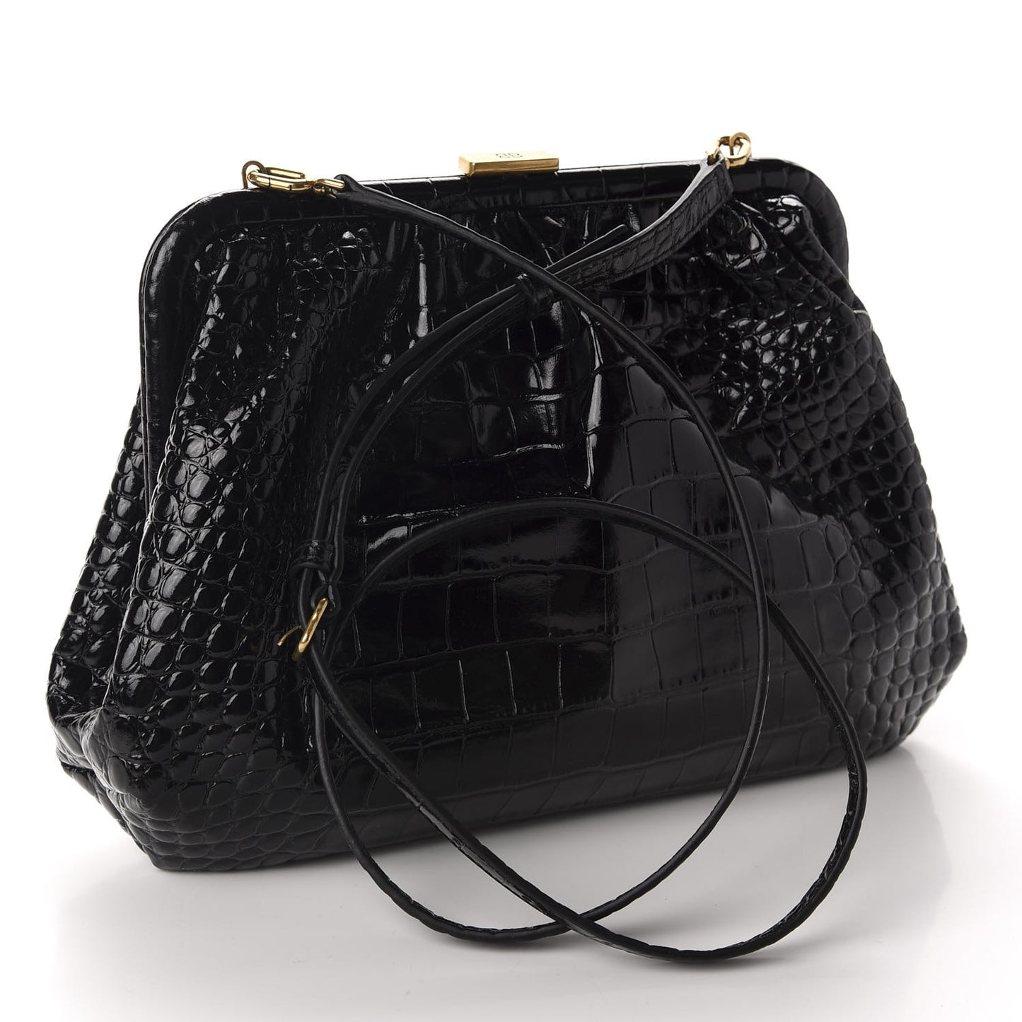 Shiny Supple Calfskin Logo Crocodile Embossed Cloud Crossbody Bag Black White