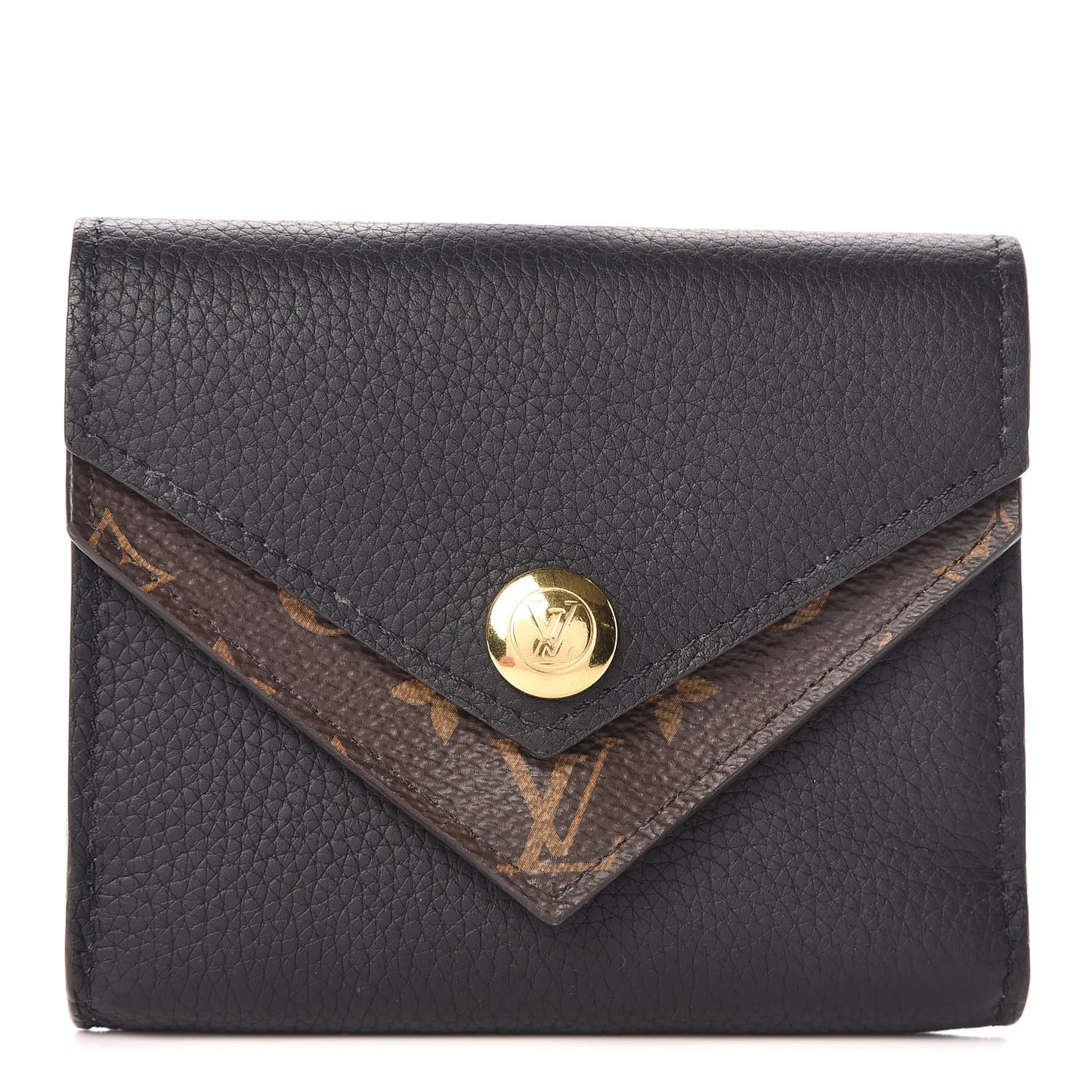 Grained Calfskin Monogram Double V Compact Wallet Black