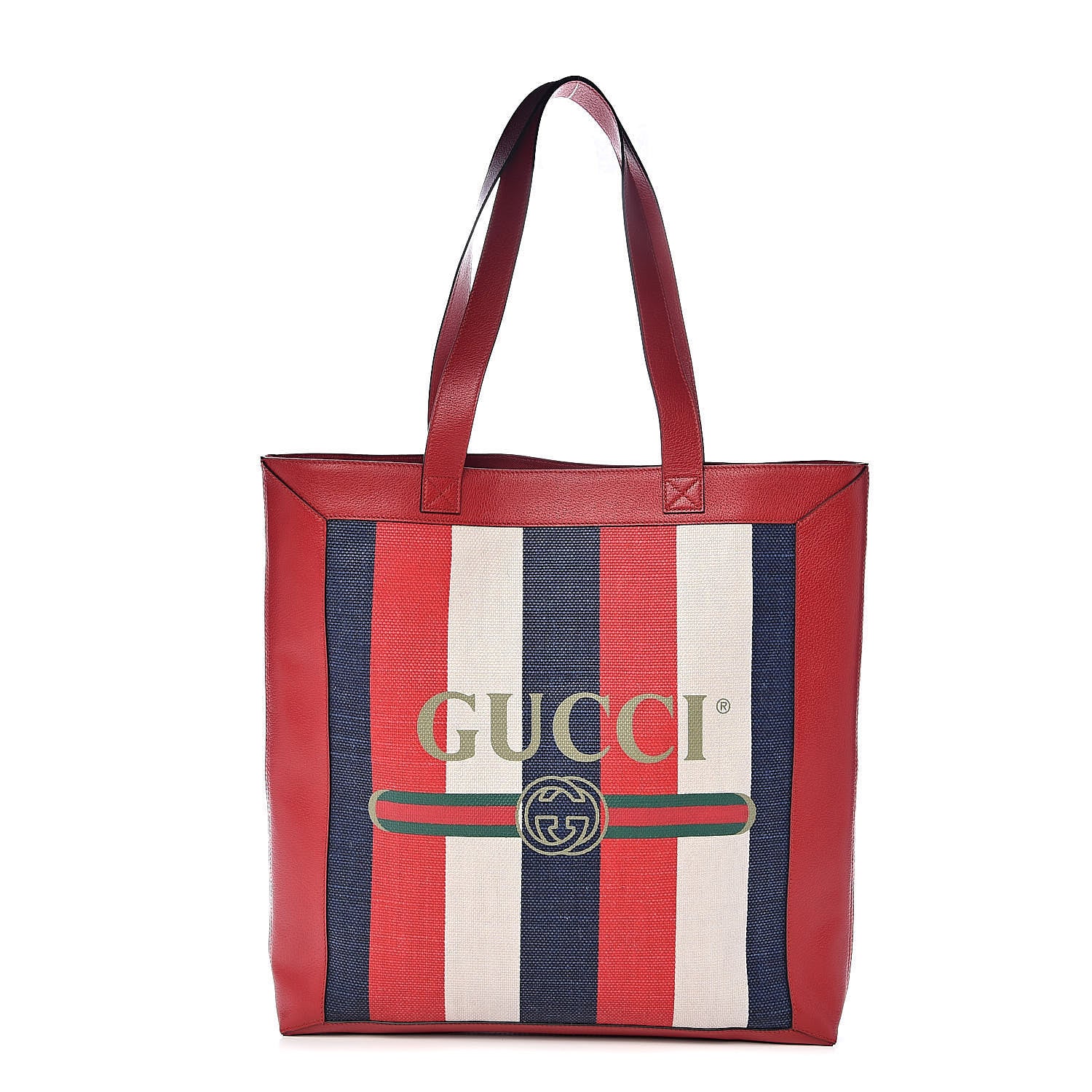 Gucci Canvas Calfskin Sylvie Stripe Logo Mens Tote Red White Blue 1 of 10