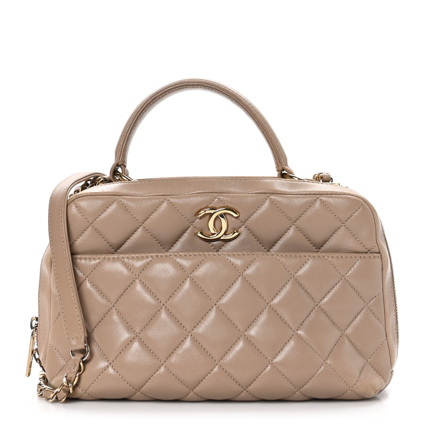 Lambskin Quilted Medium Trendy CC Bowling Bag Beige