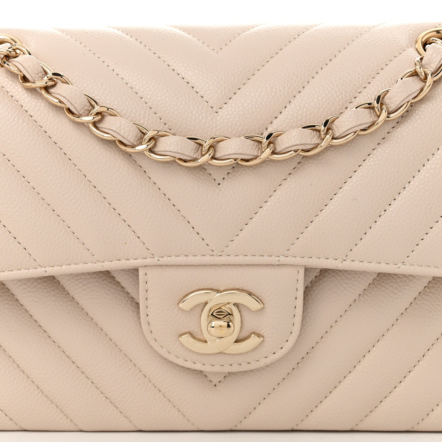 Caviar Chevron Quilted Small Double Flap Beige