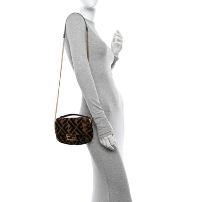 Fendi Shearling Vitello Dolce Macro FF 1974 Mini Baguette Tobacco Black 2 of 10