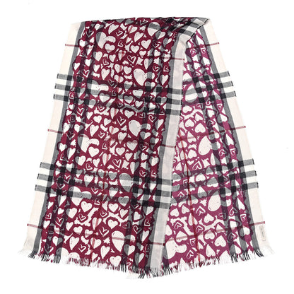 Burberry Wool Cashmere Painted Heart Print Nova Check Lightweight Scarf 3 of 5
