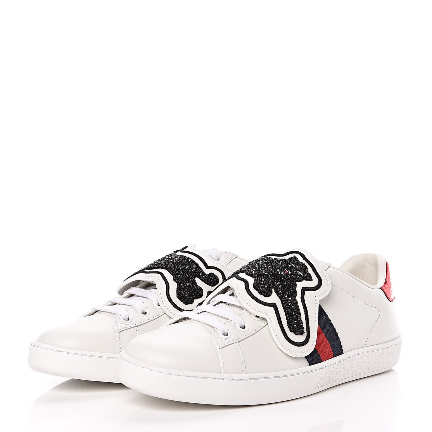 Calfskin Ayers Crystal Panther Embroidered Womens Ace Sneakers 37.5 White