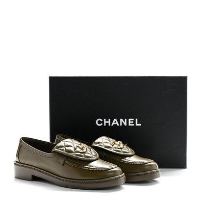 Chanel Crumpled Lambskin Quilted CC Turnlock Moccasins 37 Khaki 9 of 9