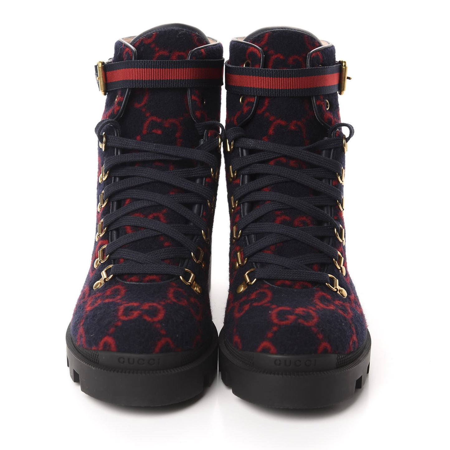 Covered Wool Big GG Monogram Womens Lace Up Combat Ankle Boots 42 Blue Red