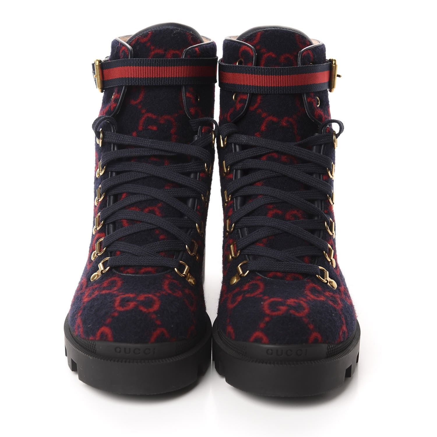 Gucci Covered Wool Big GG Monogram Womens Lace Up Combat Ankle Boots 42 Blue Red 2 of 10