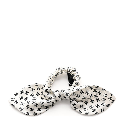 Chanel Silk Twill CC Scarf Hair Tie Black White 1 of 5