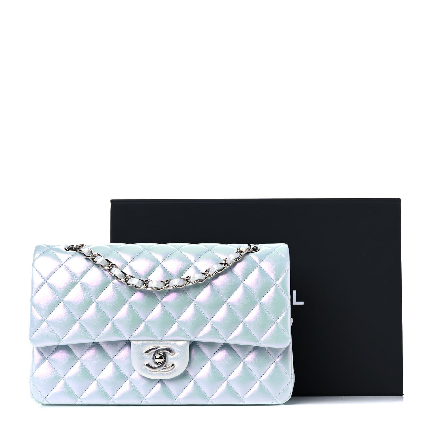 Iridescent Calfskin Quilted Medium Double Flap Light Blue