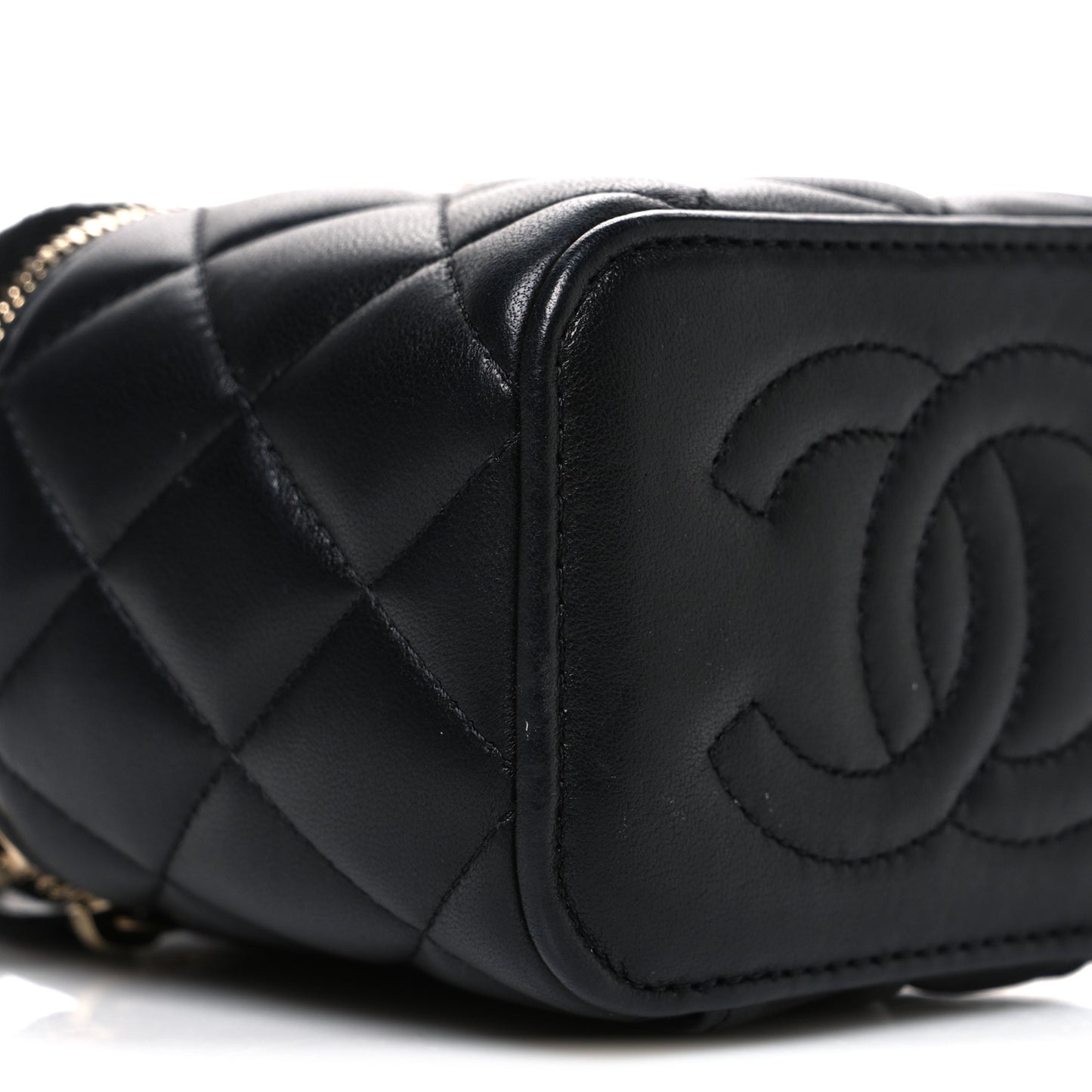 Lambskin Quilted Metal Mini Top Handle Vanity Case With Chain Black
