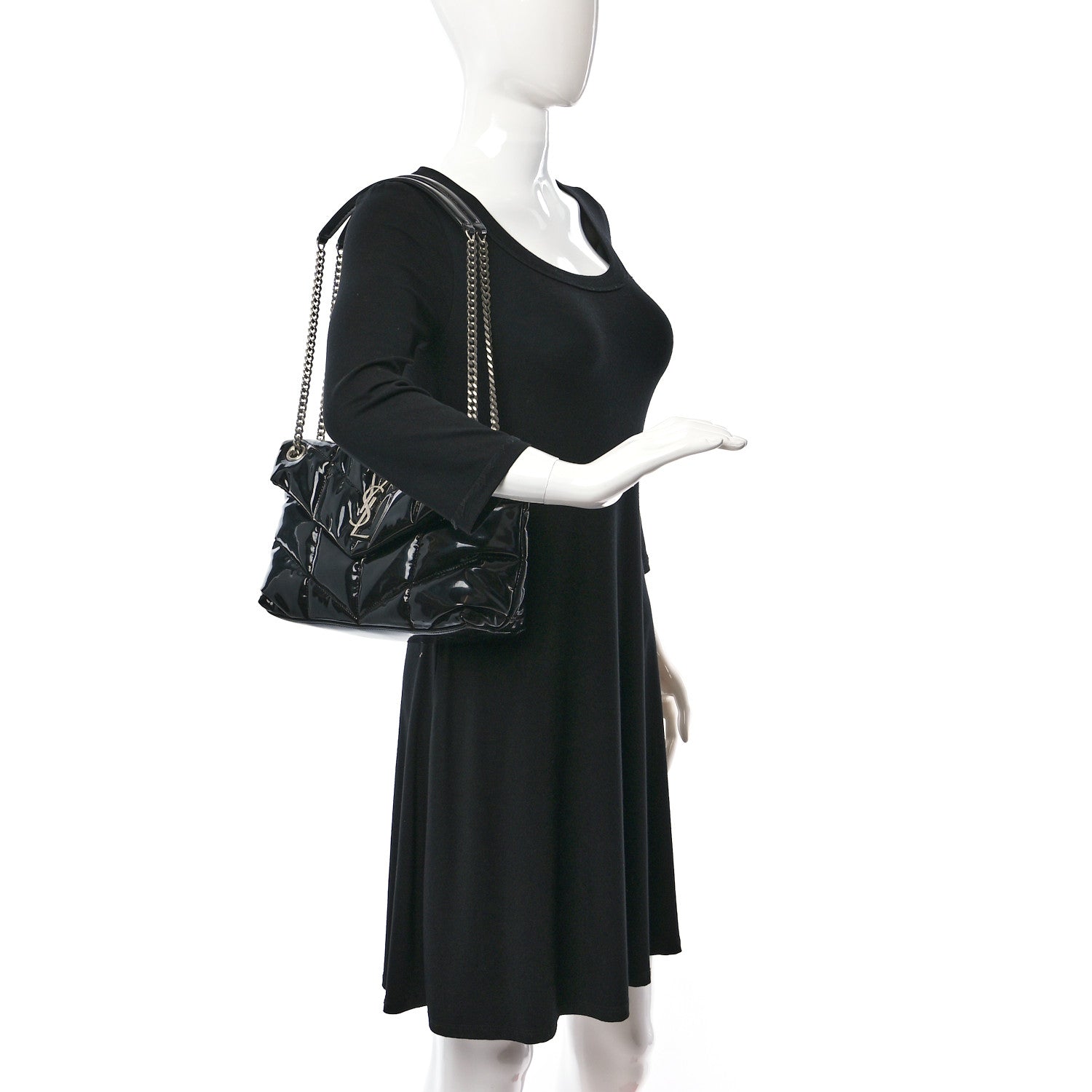 Saint Laurent Patent Quilted Small Loulou Puffer Monogram Chain Satchel Black 2 of 8