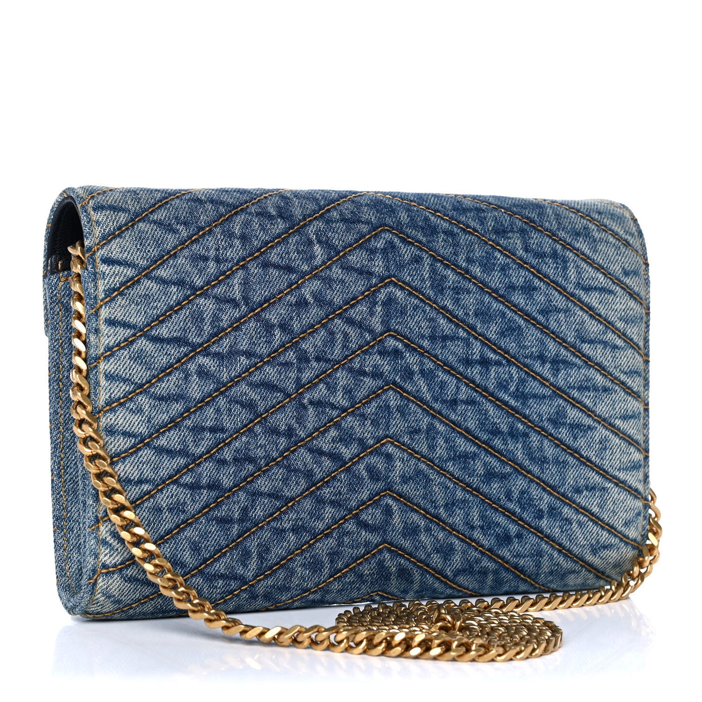 Denim Matelasse Chevron Monogram Chain Wallet Blue Jeans