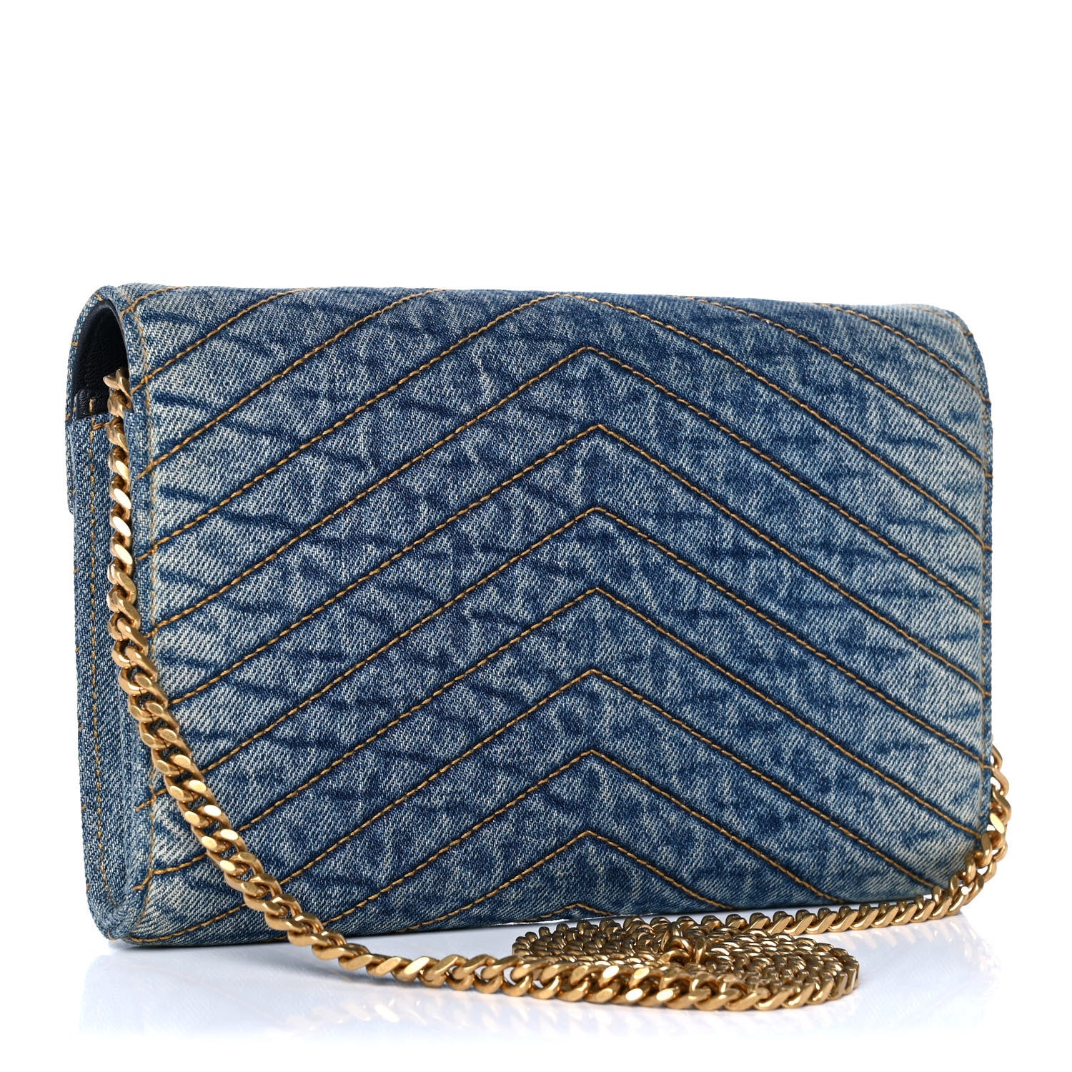 Saint Laurent Denim Matelasse Chevron Monogram Chain Wallet Blue Jeans 4 of 11