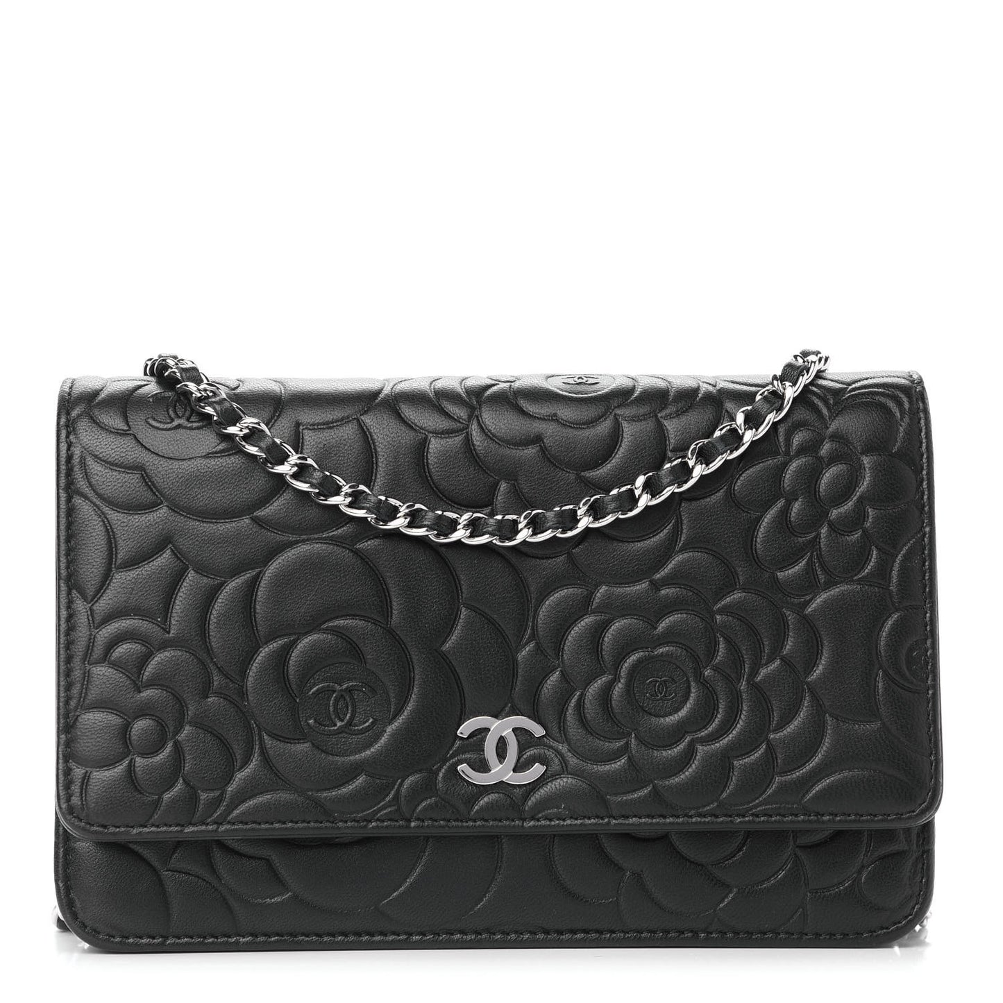 Lambskin Camellia Embossed Wallet on Chain WOC Black