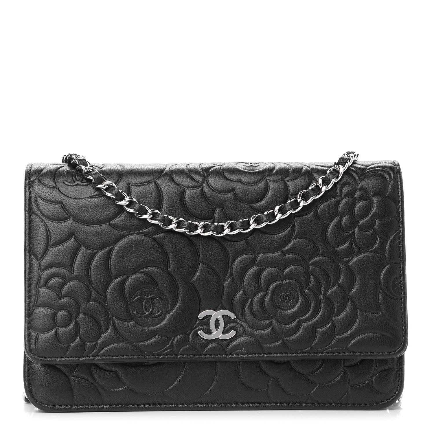 Chanel Lambskin Camellia Embossed Wallet on Chain WOC Black 1 of 9