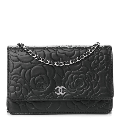 Chanel Lambskin Camellia Embossed Wallet on Chain WOC Black 1 of 9