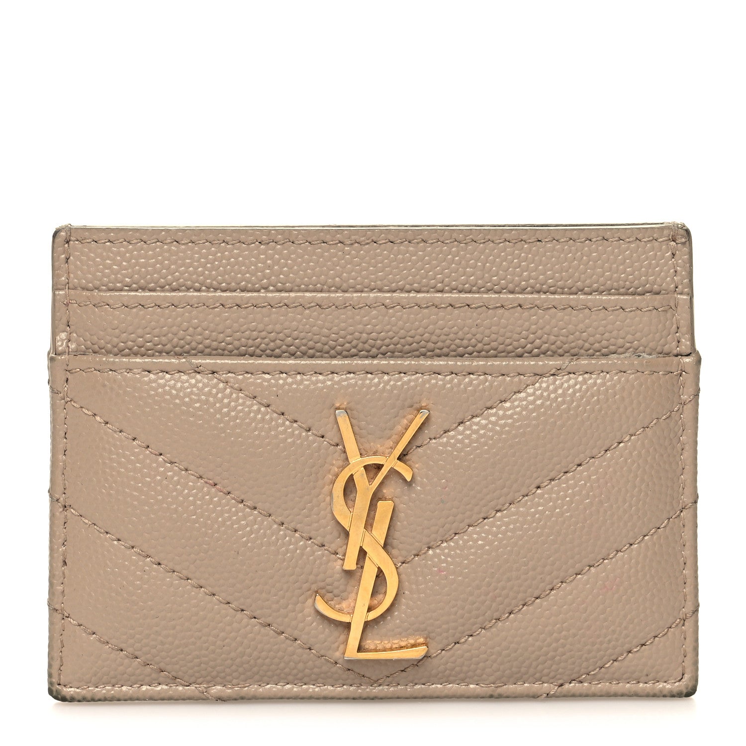 Saint Laurent Grain De Poudre Matelasse Chevron Monogram Credit Card Case Dark Beige 1 of 10