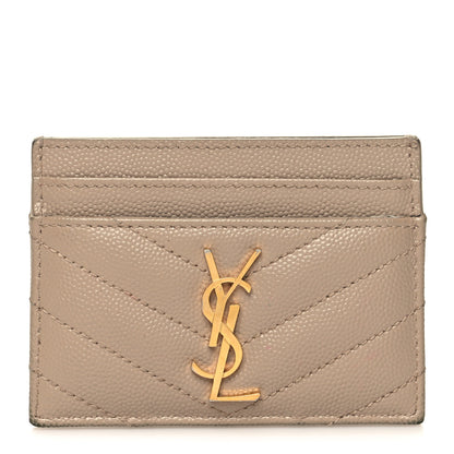 Saint Laurent Grain De Poudre Matelasse Chevron Monogram Credit Card Case Dark Beige 1 of 10