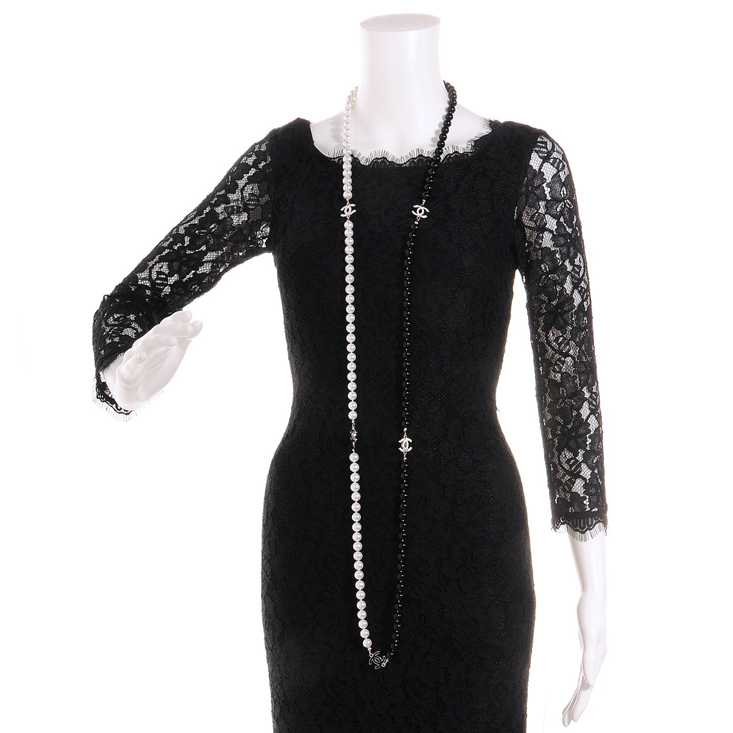 Pearl CC Beaded Long Necklace Black White