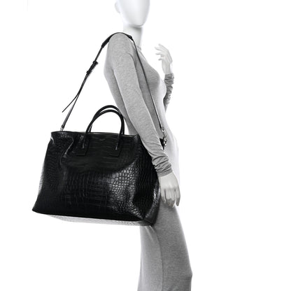 Saint Laurent Calfskin Crocodile Embossed Giant Bowling Bag Black 2 of 13